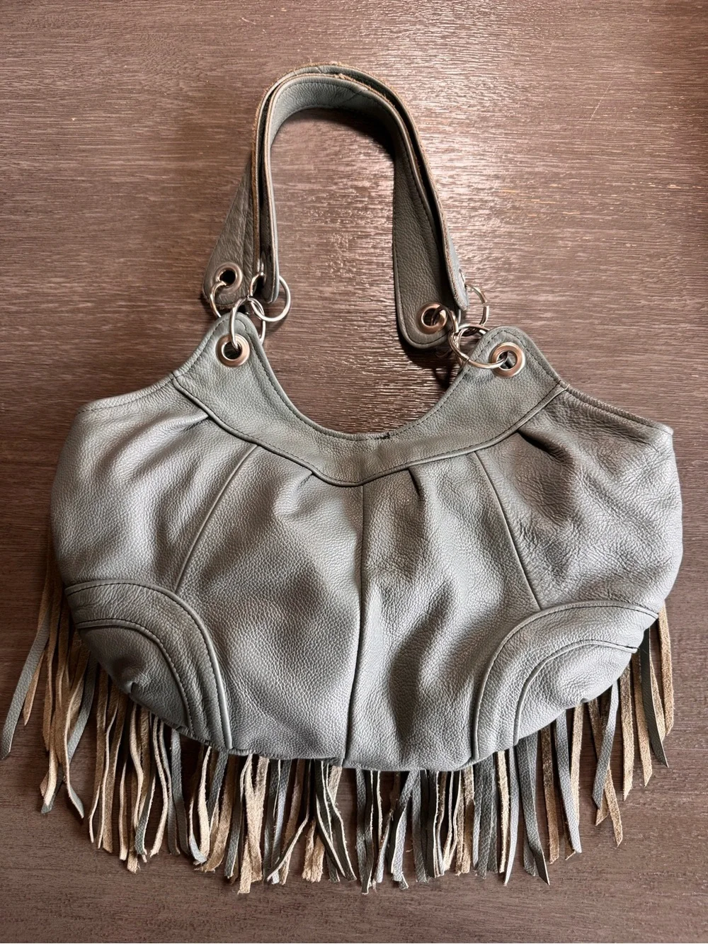 Vintage Leather Grey Fringe Hobo Shoulder Bag Purse